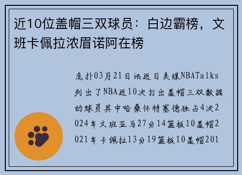 近10位盖帽三双球员：白边霸榜，文班卡佩拉浓眉诺阿在榜