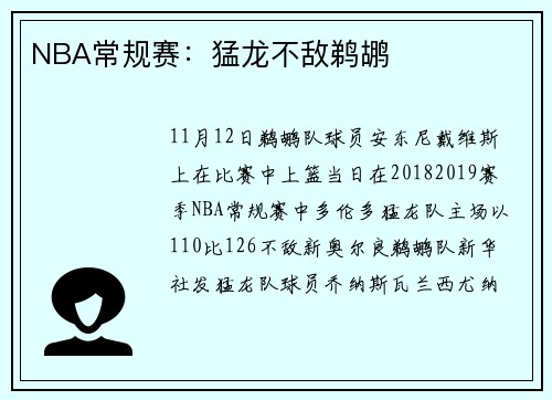 NBA常规赛：猛龙不敌鹈鹕