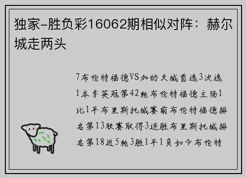 独家-胜负彩16062期相似对阵：赫尔城走两头